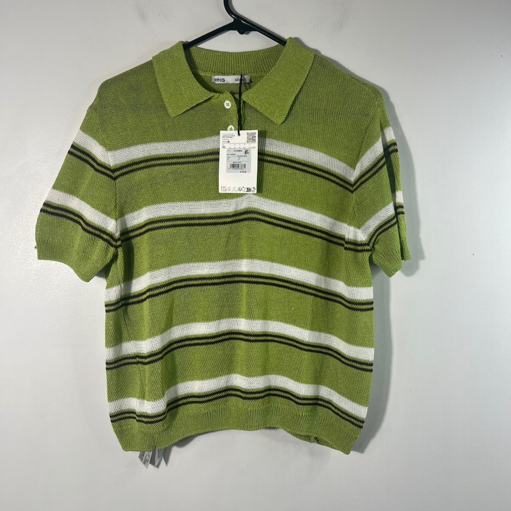 Mango MNG Womens XL Green Striped Knit Polo Shirt Short Sleeve Sweater NWT